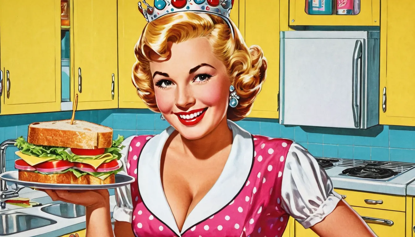 A woman styled as a pop art character stands in a vibrant, color-blocked kitchen. She wears a crown and holds a sandwich, emphasizing her title as the "Sandwich Queen."